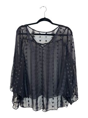 Zoa New York 100% Silk Embroidered Poncho Blouse Sheer Oversized Black Size XS